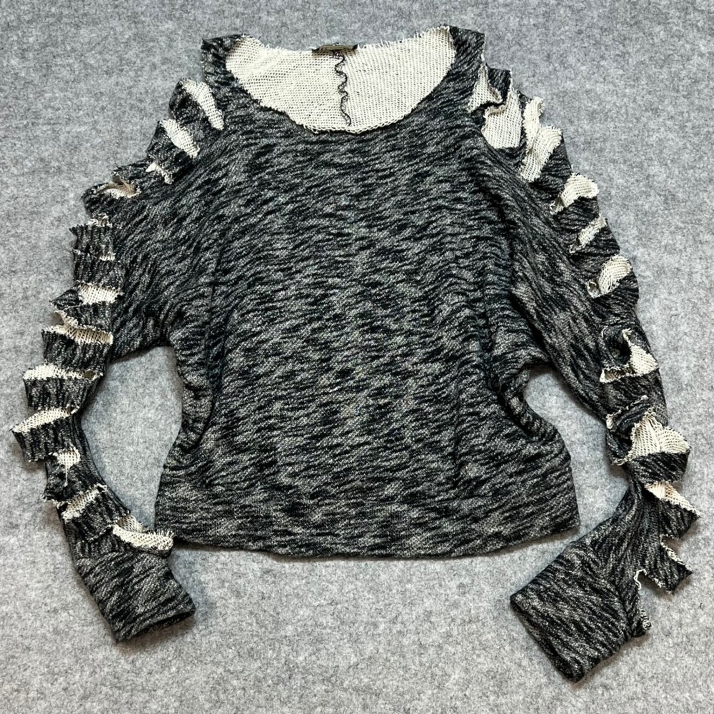 Maude Womens Shredded Sleeve Distressed Crop Knit Sweater Black White Y2K Small